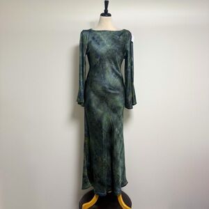 Podur Green Emerald Sea Satin Long Bell Sleeve Maxi Dress UK 16 US 12 NWOT